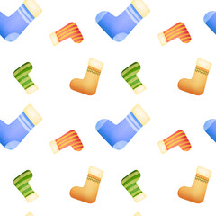 Watercolor hand drawn xmas seamless pattern. colorful decorated christmas stocking, sock-shaped bags for winter holidays gifts. New Year background for packaging paper, fabrics, wrapping gifts