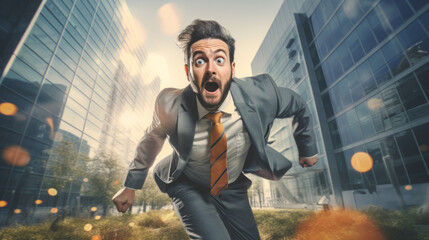 A high energy photo. A businessman running at the camera. Arm outstretched. Shocked. Tripping over. Explosion. Colour. Light. Bright. Funny. Engaging. Funny face expression. Strange looking man.
