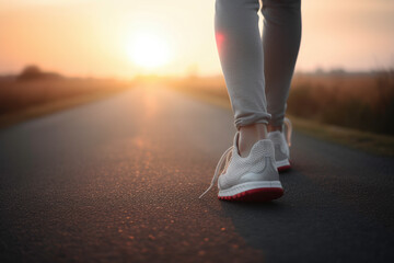 Feet of athlete running on the road