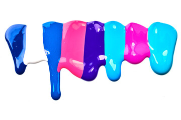 Acrylic multicolor paint blot, chaotic brushstroke, spot flowing on white paper background. Creative blue color backdrop, fluid art.