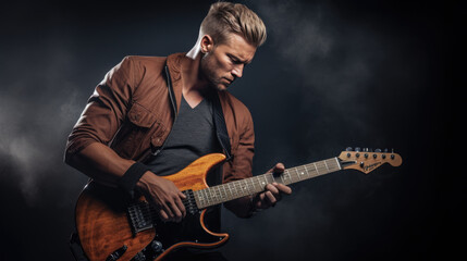 Obraz premium Male musician playing guitar on dark background