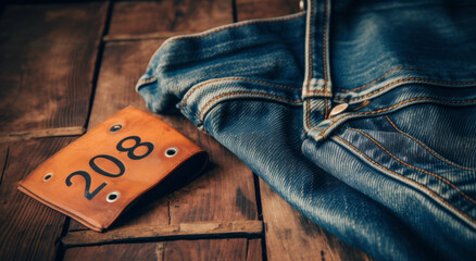 A pair of comfortable jeans, on a wooden table. A tag on the table. Clothing sale. Denim jeans. Rustic. Authentic.