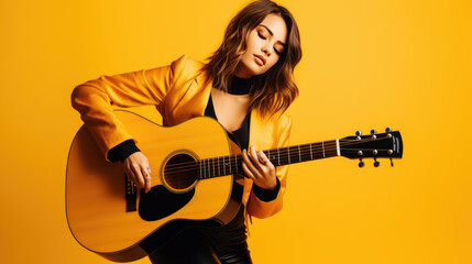 Young attractive woman playing guitar on yellow background