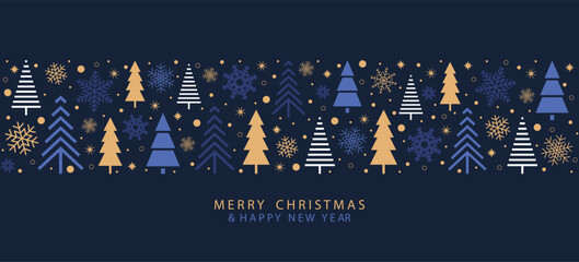 Festive design Merry Christmas and Happy New Year with Christmas trees and beautiful snowflakes in a modern style on a blue background. Winter forest with falling snow. Vector illustration. - obrazy, fototapety, plakaty