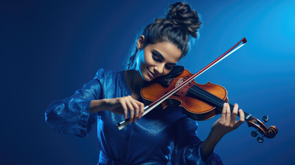 Fototapeta premium Young woman playing violin on blue background