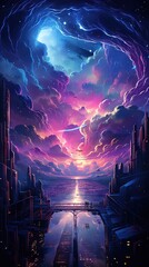 Sunset in the clouds. AI generated art illustration.