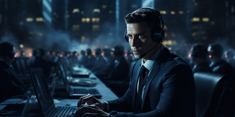 Technical support worker. Phone tech support. Friendly. Handsome.  Computer help. Man wearing a headset. Man on the phone. Customer service. Customer support. Call centre worker. Cybersecurity expert.