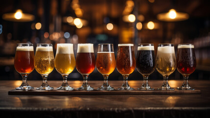 Variety in Brews: Glasses of Craft Beer Arranged on a Bar Counter.generative ai