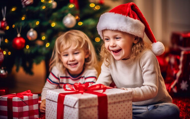 Fototapeta na wymiar The joy and excitement of two children unwrapping their Christmas gifts