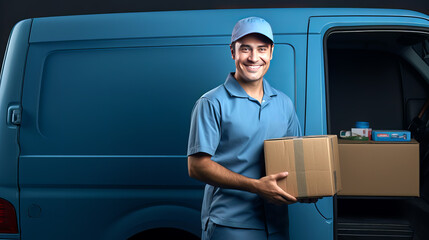 Young smiling courier in a blue T-shirt and a blue cap with a box in his hands stands against the background of a blue van. There is free space for text on the van.