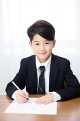 Happy Japanese School Boy wearing black coat Doing Homework