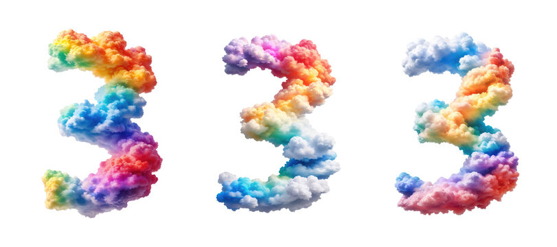 The number three 3 made of colorful colors photo realistic clouds are rainbow colors. 
The background is transparent.