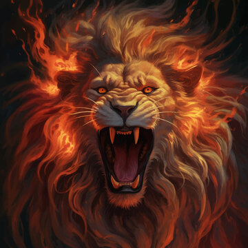 Lion Roaring. Terrible. Head of Lion with a fiery mane. The majestic King of beasts with a flaming,  blazing mane. Regal and powerful. Wild animal. Ferocious Roar. Fire backgrounds. 3d digital art