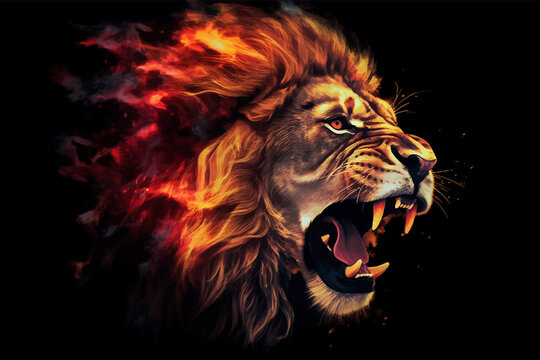 Lion Roaring. Terrible. Head of Lion with a fiery mane. The majestic King of beasts with a flaming,  blazing mane. Regal and powerful. Wild animal. Ferocious Roar. Fire backgrounds. 3d digital art
