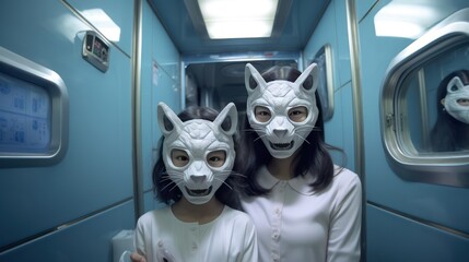 Mother and Daughter with Face Masks in Bathroom, Happy