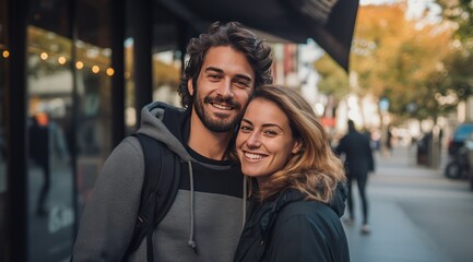 Cute Couple Smiling at Camera - Tall Man, Short Woman in Casual Attire - obrazy, fototapety, plakaty