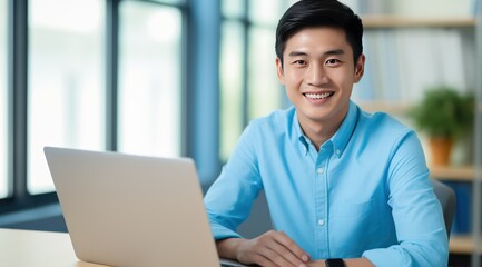 Professional Filipino Live Chat Support Agent in Light Blue Polo - Office Setting