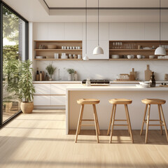 Fondo con detalle de cocina con mobiliario de tonos blancos y de madera, con entrada de luz natural