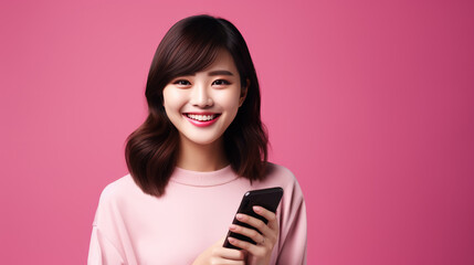 Happy smiling young woman is using her phone on a colored background.