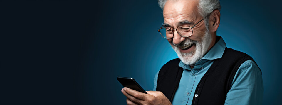 An elderly man smiling and laughing with his phone against a colored background.