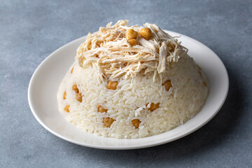 Traditional delicious Turkish food; Rice with chickpeas and chicken (Turkish name; Tavuklu nohutlu pilav or pilaf)