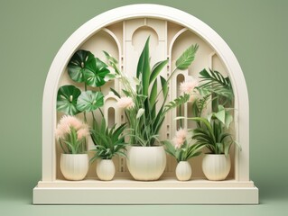 Pastel geometric container filled with plants, white and green emerald, minimalist symmetry. Illustration. Generative AI