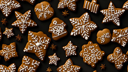 Freshly Baked Gingerbread Christmas Cookies with frosting. Top-down view. Seamless tiled texture.