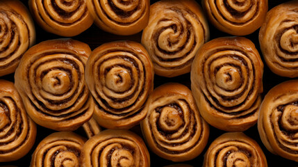 Obraz na płótnie Canvas Freshly Baked Cinnamon Buns with frosting and cinnamon, looking delicious and yummy. Top-down view. Seamless tiled texture.