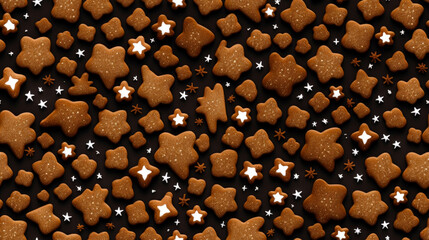 Freshly Baked Gingerbread Christmas Cookies with frosting. Top-down view. Seamless tiled texture.