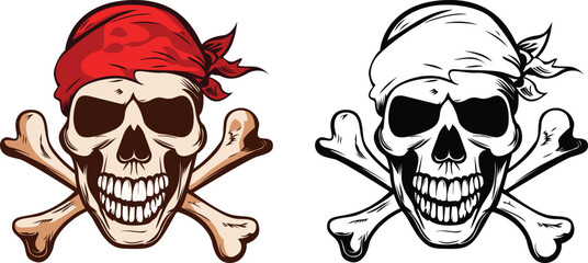 Pirate Skull Wearing Red Bandana Vector Illustration Pirate Skull and Crossbones with a Red Cloth on Head Colored and Black and White Line Art Stock Vector Image