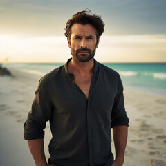 Fondo con detalle de hombre atractivo de mediana edad, con pelo moreno, barba, ropa de estilo casual y playa de fondo