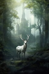 Regal white stag standing among ruins in dark mysterious forest