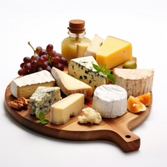 Artisanal cheeses on wooden board, gourmet delight isolated on white background