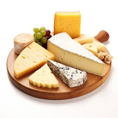 Artisanal cheeses on wooden board, gourmet delight isolated on white background