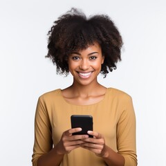Fototapeta na wymiar Smiling African American woman holding a phone isolated on a white background
