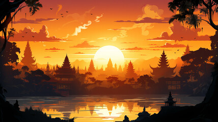 vector art of Silhouette temple sunset background. telephoto lens realistic lighting generative ai