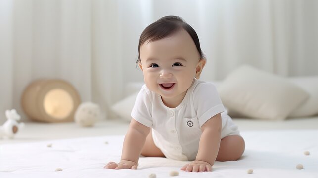 Super Cute Chinese 3-Month-Old Baby with Happy Smile White Shirt