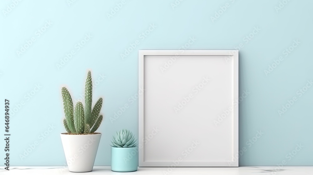 Sticker Minimalistic home decor concept with cactus, poster frame, and elegant accessories in pastel blue color. Light background with copy space. for web page, presentation.