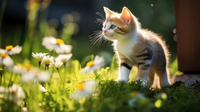 A cute little kitten walking on garden grass and flower around 