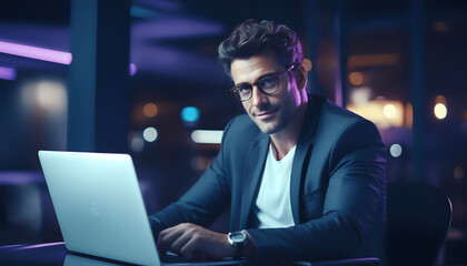 Portrait of a handsome male businessman sitting in front of a laptop, advertisement, profile