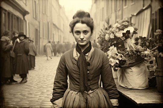 Nostalgia for old Paris: Old photo of young pretty French woman with flowers, 18th century