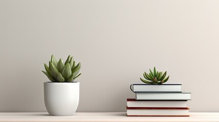 3d display with succulent in vase, white books on wooden table. for product advertising.