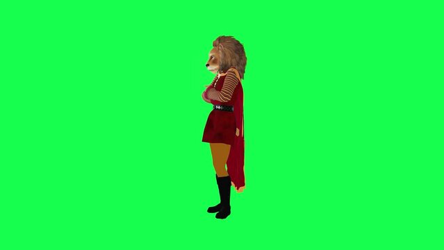 3d animated lion in red suit and cape waiting angrily green screen isolated right angle character cartoon cute chroma key animation