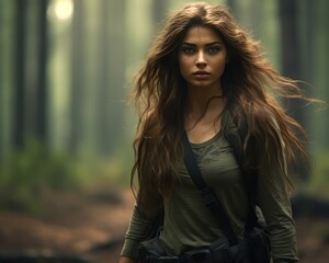 A Beautiful Russian Actress Wearing Tactical Clothing during her movie shoot in forest blurred background portrait style 