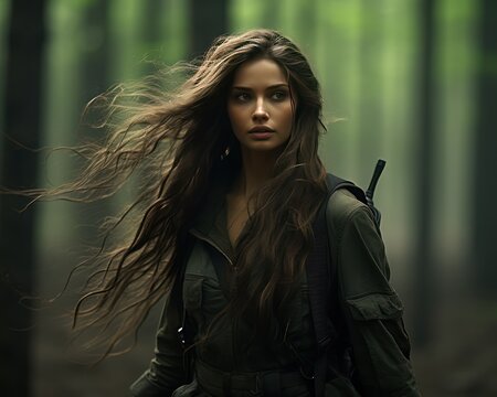 A Beautiful Russian Actress Wearing Tactical Clothing during her movie shoot in forest blurred background portrait style 