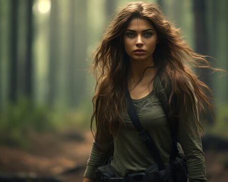 A Beautiful Russian Actress Wearing Tactical Clothing during her movie shoot in forest blurred background portrait style 