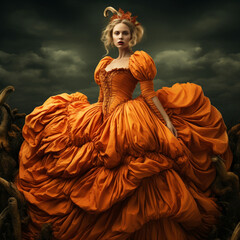 Young blondr woman wearing orange dress in shape of pumpkin. Halloween fashion concept. Halloween costumes