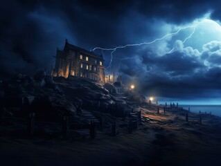 A Haunted Photorealistic View of Ancient Wooden Mansion night scene with thunder and cloud on sky