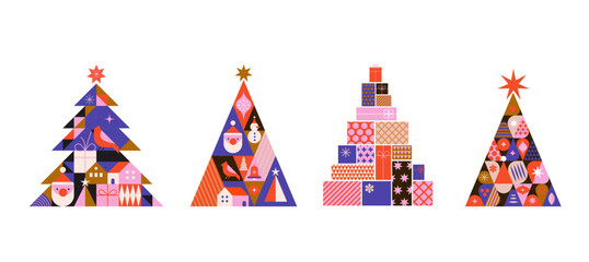 Collection of Christmas trees in modern minimalist geometric style. Colorful illustration in flat cartoon style. Xmas trees with geometrical patterns, stars and abstract elements