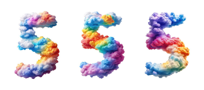The number five 5 made of colorful colors photo realistic clouds are rainbow colors. 
The background is transparent.